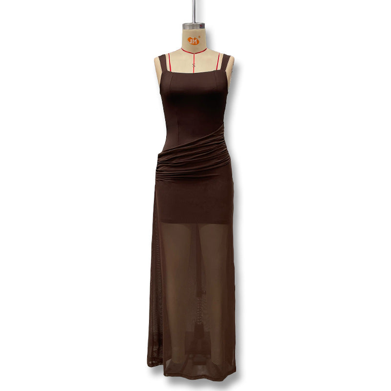 Damen Elegantes Maxikleid mit raffinierten Drapierungen und transparentem Rock EB