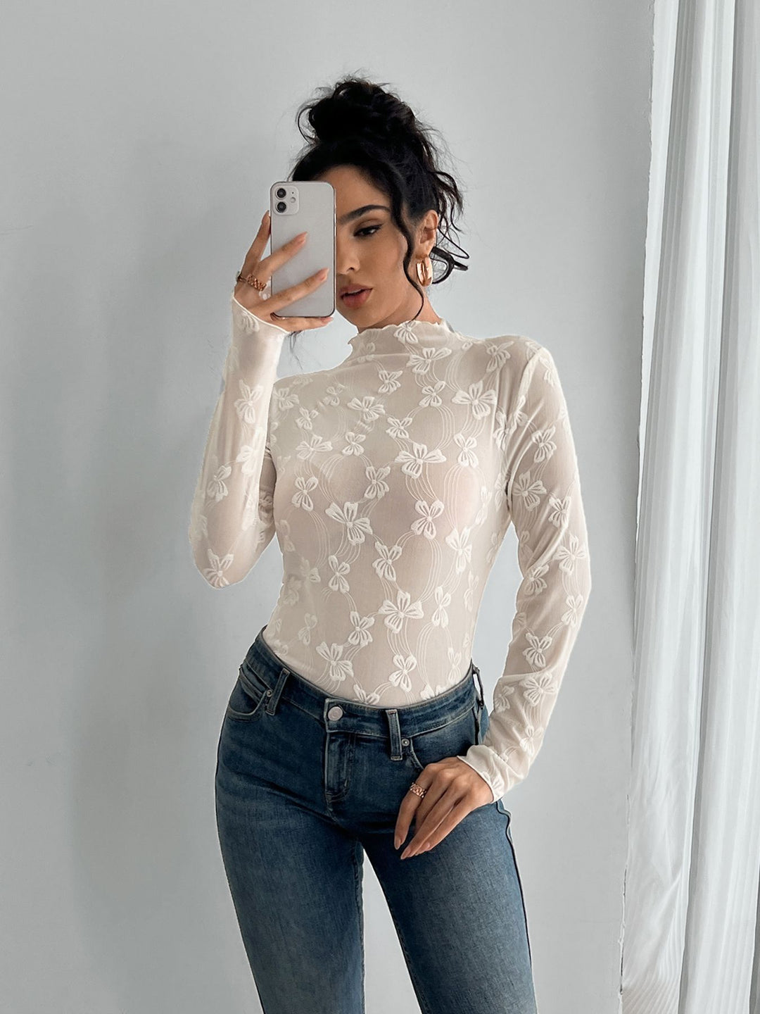 Damen transparenter Bodysuit mit elegantem Blumenmuster und hohem Kragen EB
