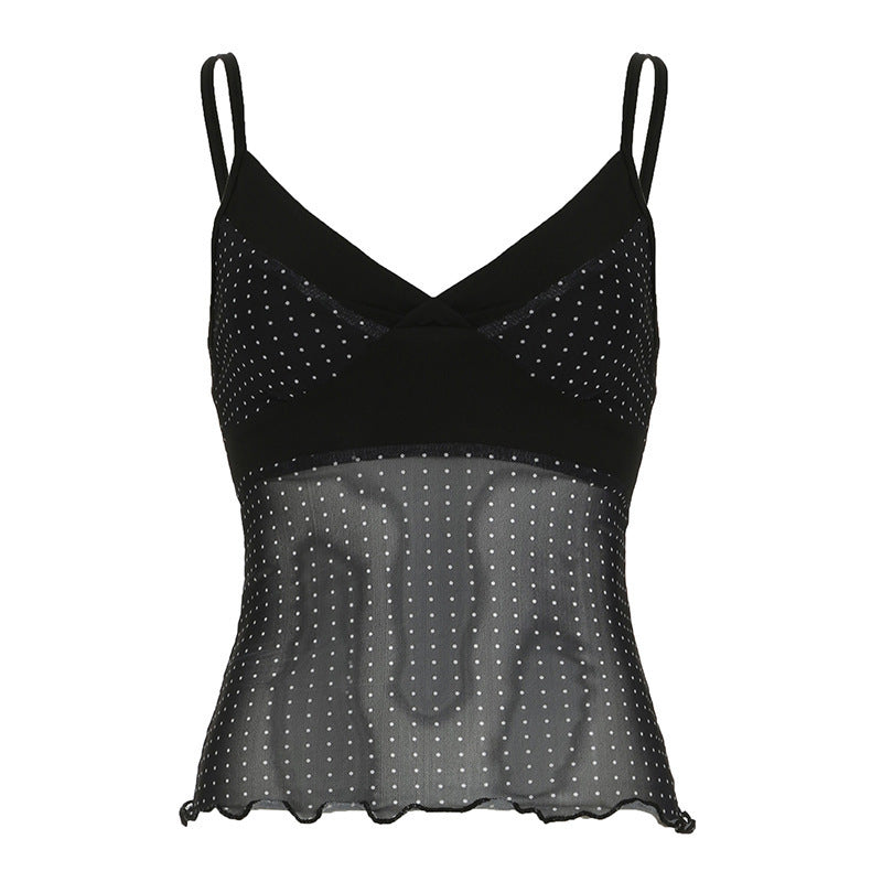 Damen Verspieltes Spaghetti-Trägertop mit transparenten Akzenten und Punkten EB
