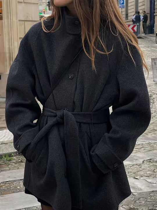 Damen Modische Wolljacke mit taillierbarem Gürtel und steigendem Kragen EB