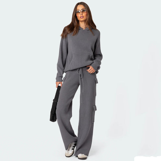 Damen geripptes Strick-Loungewear-Set mit Kapuzenpullover und Cargo-Hose EB