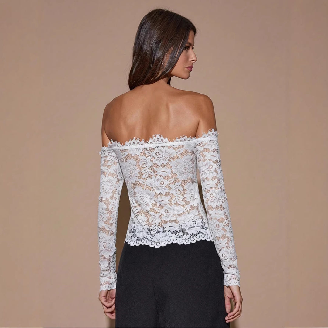 Damen nan schulterfreies semitransparentes Spitzen-Top mit Carmen-Ausschnitt, Raffung am Bustier und langen Ärmeln EB