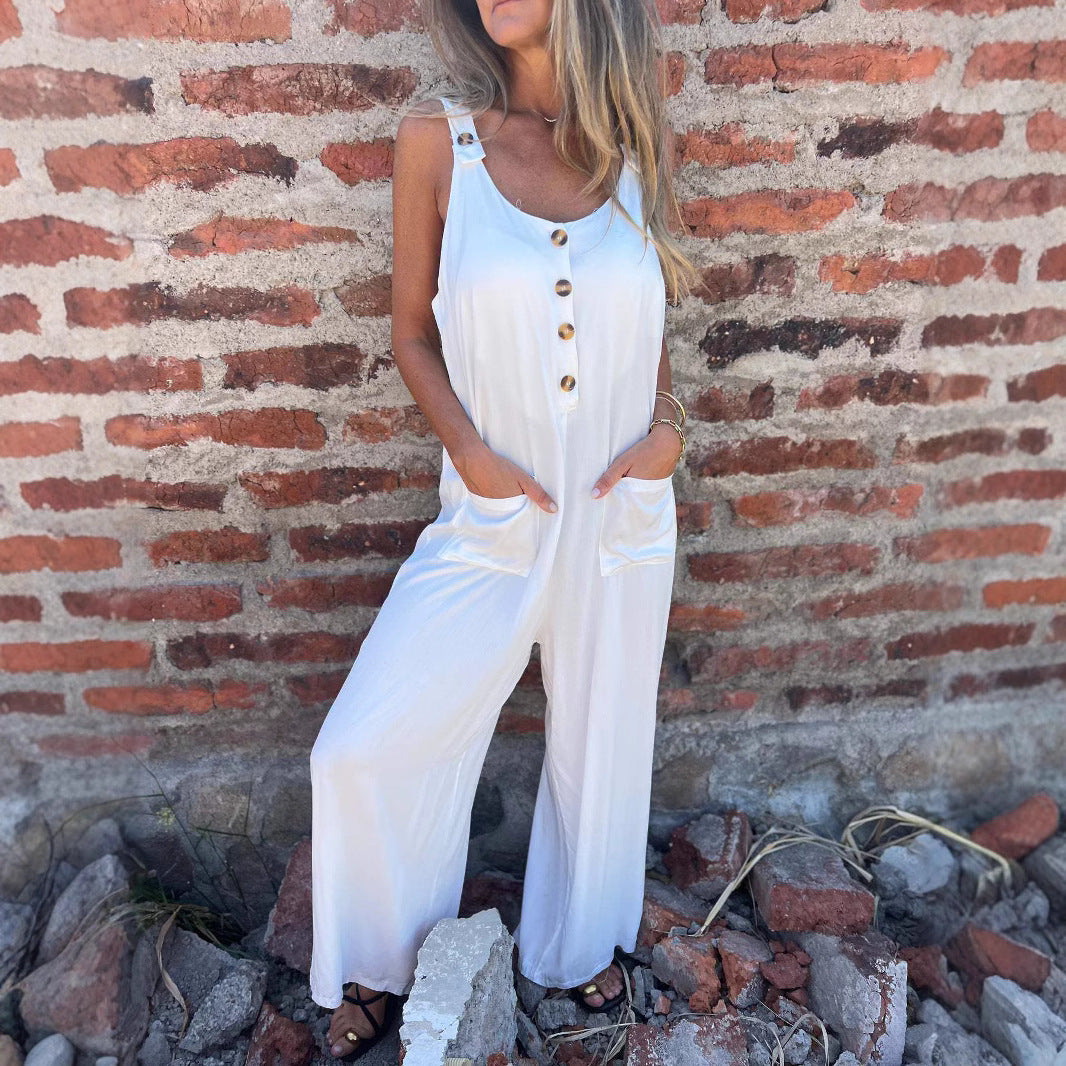 Damen Lässiger Jumpsuit mit Knopfdetails und Seitentaschen EB