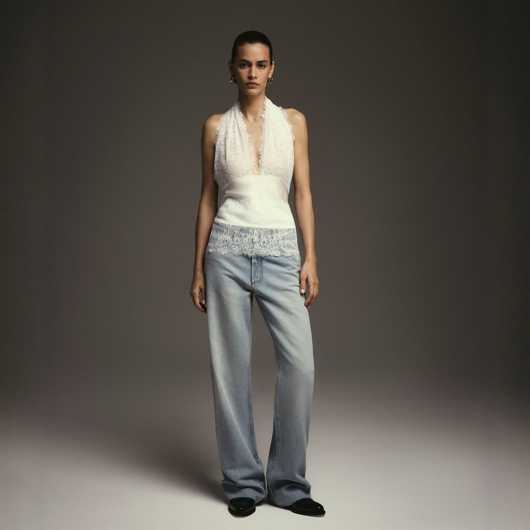 Damen Elegantes Oberteil mit Spitzendetails und tiefem V-Ausschnitt EB