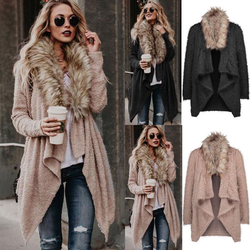 Damen Flauschiger Cardigan mit abnehmbarem Kunstfellkragen EB