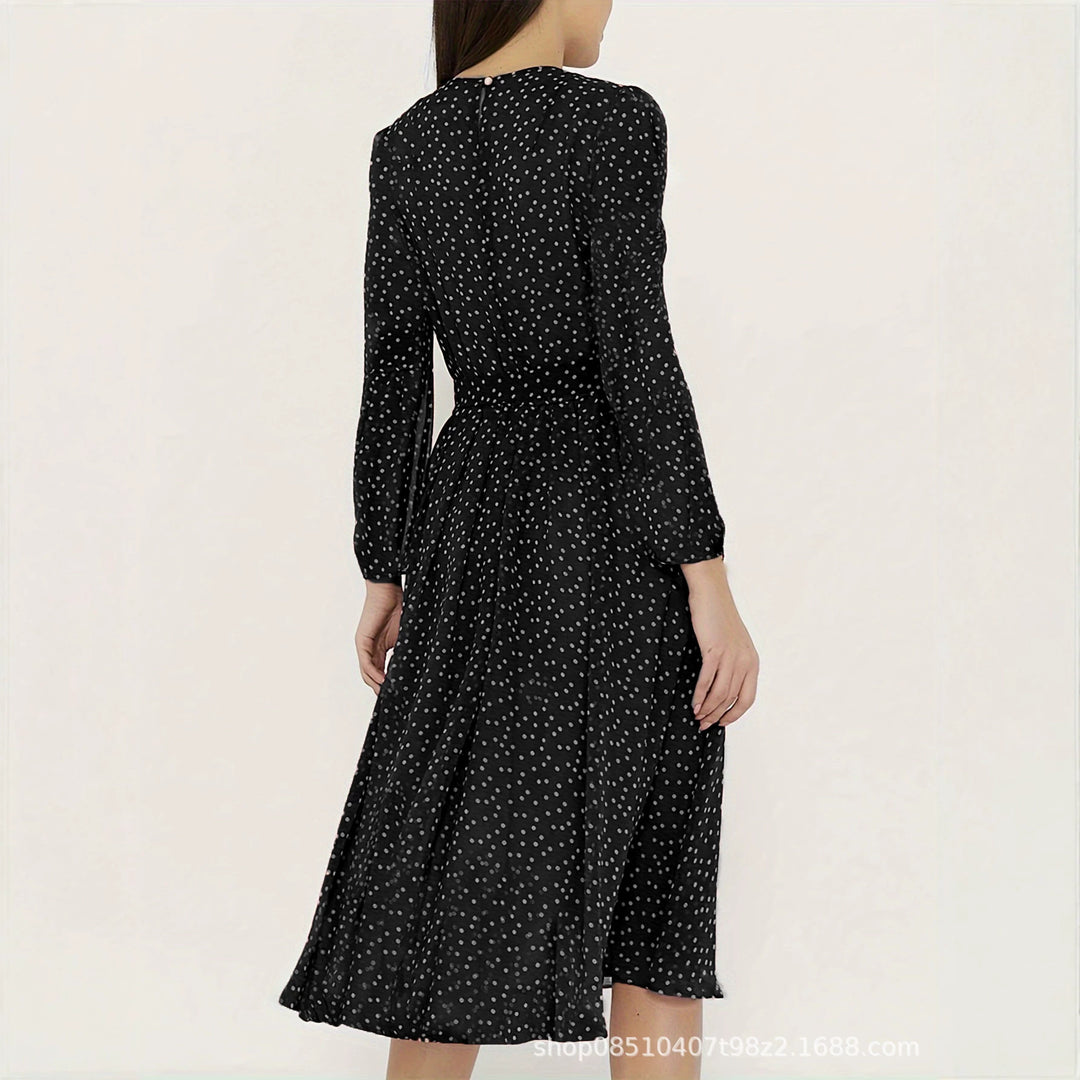 Damen Midikleid mit Punkten, taillierter Bindegürtel und Volantrock EB