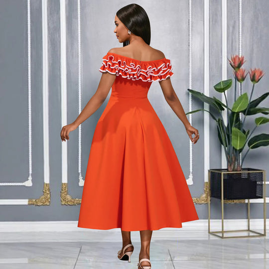 Damen A-Linien Abendkleid mit Off-Shoulder Rüsche EB