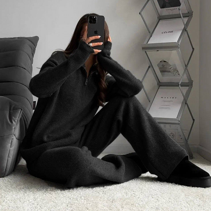 Damen nan geripptes Strick-Lounge-Set mit Halbzip-Pullover und hochgeschnittener Leggings EB