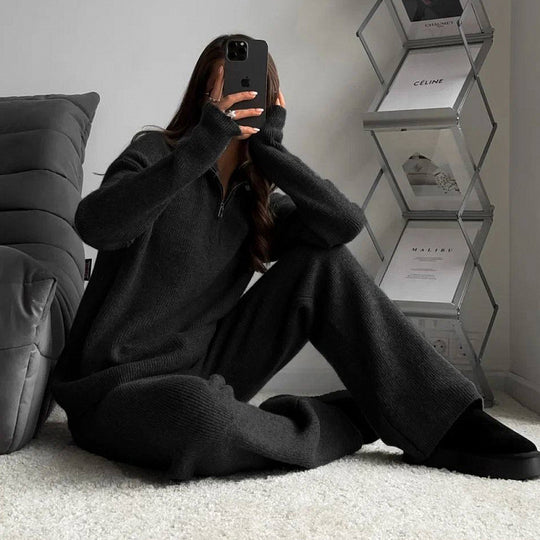Damen nan geripptes Strick-Lounge-Set mit Halbzip-Pullover und hochgeschnittener Leggings EB