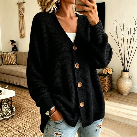 Damen Lockerer Longline-Cardigan mit tiefem V-Ausschnitt und Holzknöpfen EB
