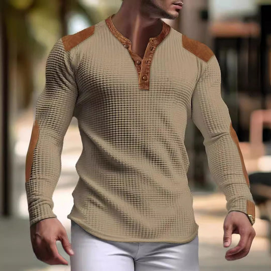 Herren Langarm-Henley-Shirt mit strukturiertem Gewebe und Kontrastdetails EB