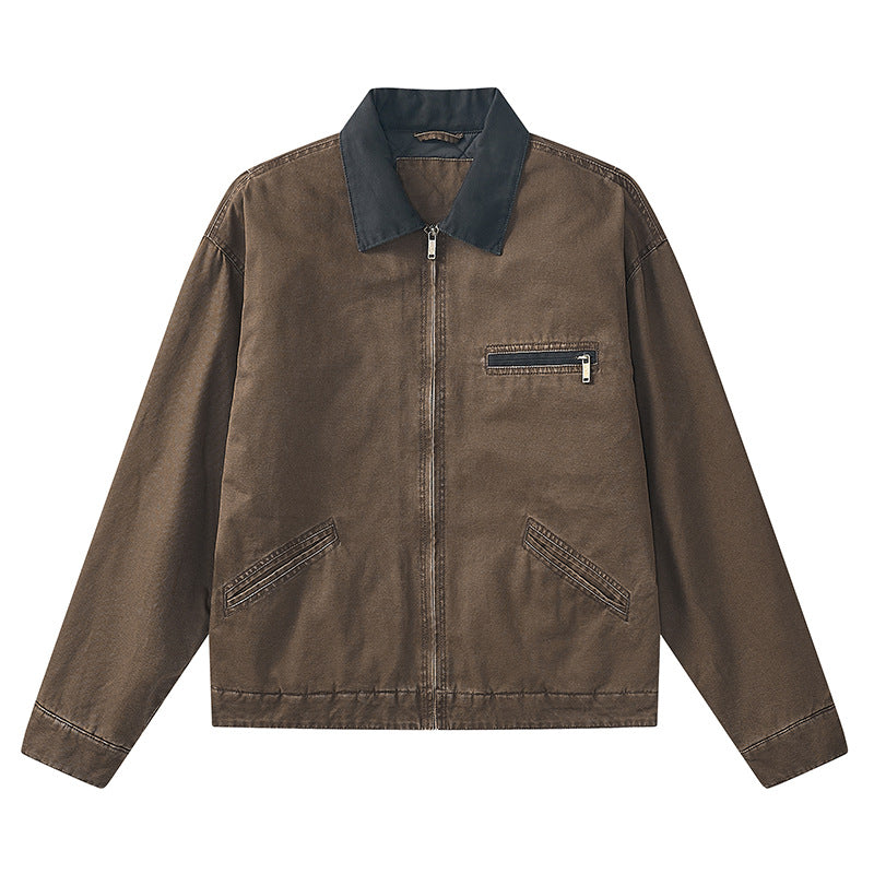 Men's  vintage-inspired zip-front workwear jacket with contrast collar and angled welt pockets EB