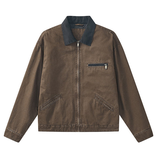 Men's  vintage-inspired zip-front workwear jacket with contrast collar and angled welt pockets EB