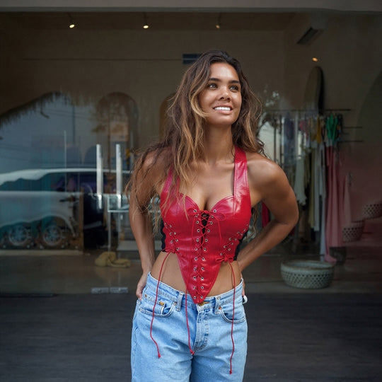 Damen Leder-Corset-Top mit Schnürung und asymmetrischem Schnitt EB