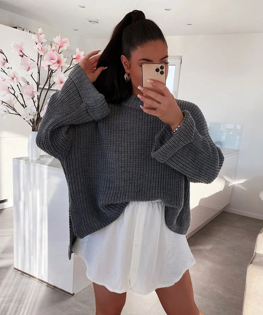 Damen oversized Strickpullover mit strukturiertem Lochdesign und lässigem Schnitt EB