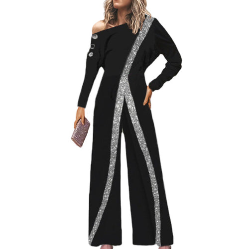 Damen Einseitiger Jumpsuit mit Glanzstreifen und grafischem Kunstwerk EB