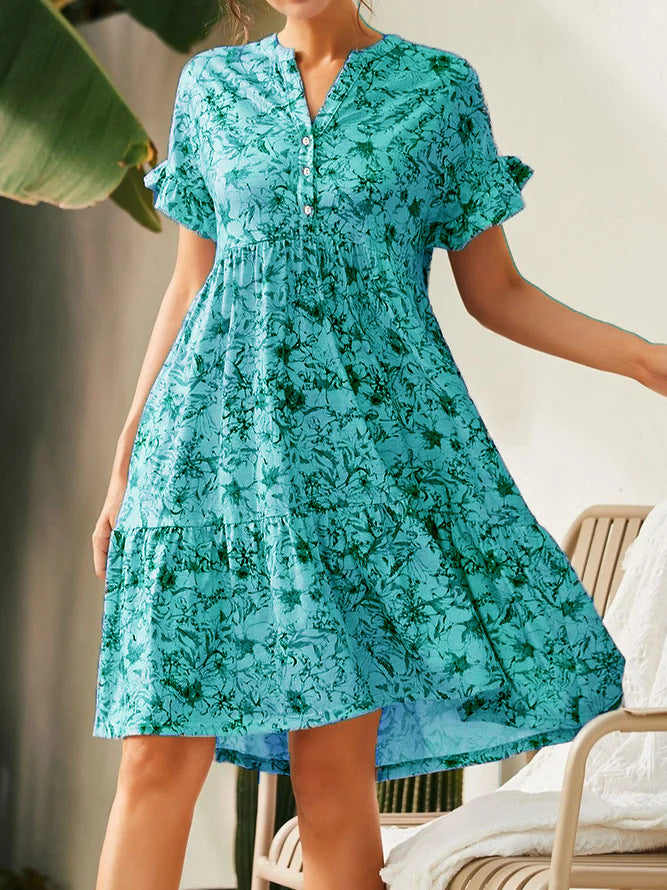 Damen lässiges Blumenkleid mit Knopfleiste und Rüschendetails EB