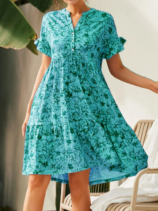 Damen lässiges Blumenkleid mit Knopfleiste und Rüschendetails EB