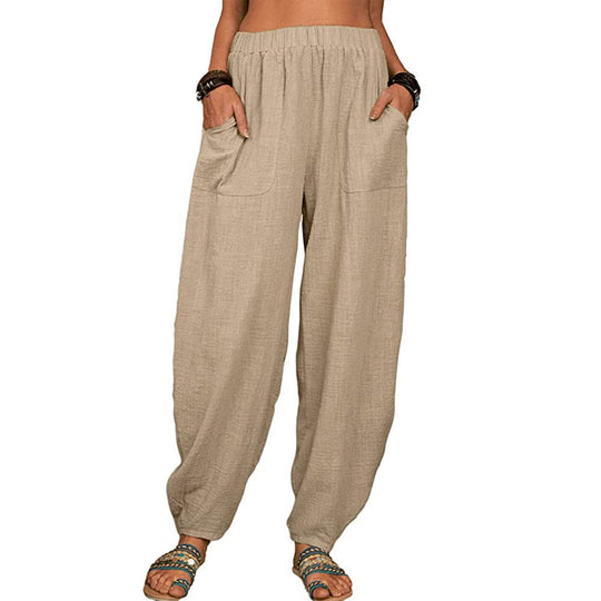 Damen nan lockere Leinenhose mit weitem Bein elastischem Bund und großen aufgesetzten Taschen EB