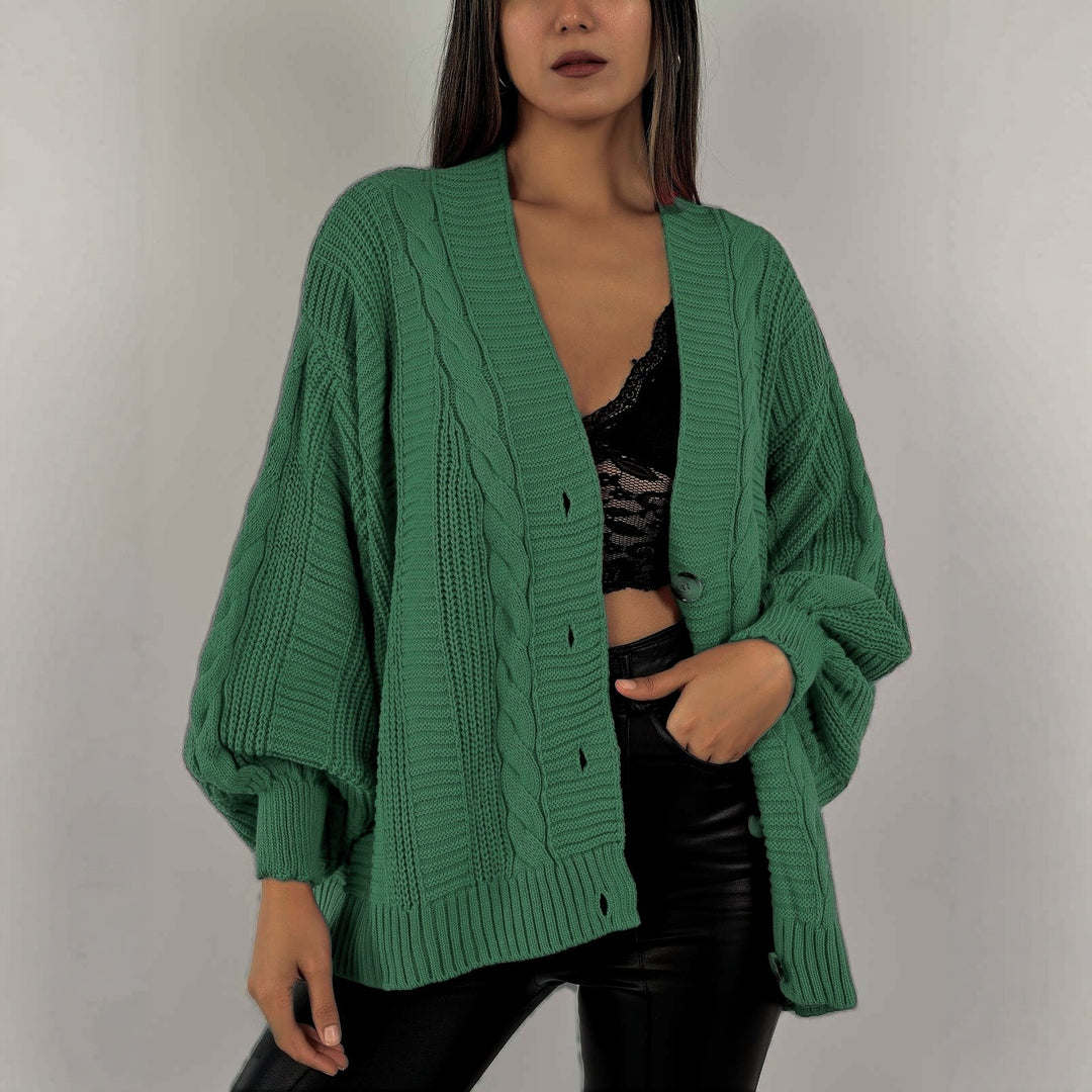 Damen Grobstrick-Cardigan mit großen Knopfdetails und voluminösen Ärmeln EB