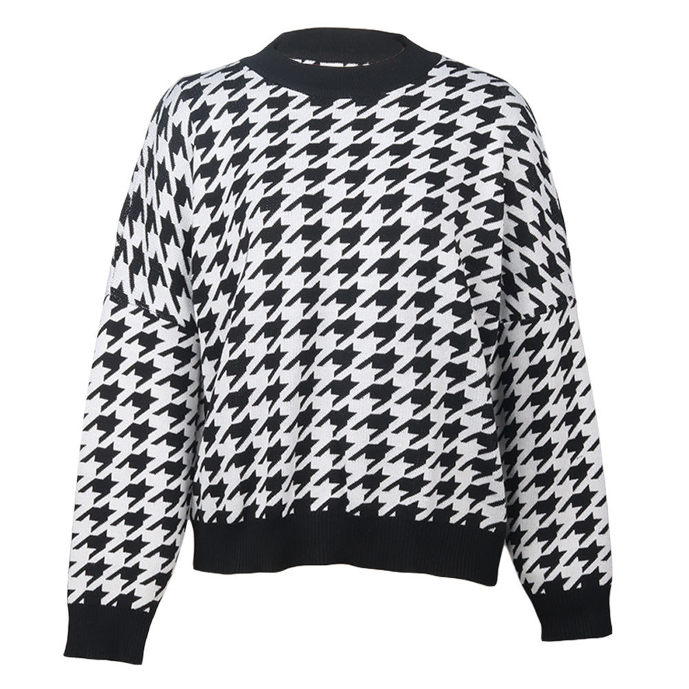 Damen gemütlicher Strickpullover mit modernem Hahnentrittmuster und weit geschnittenen Ärmeln EB