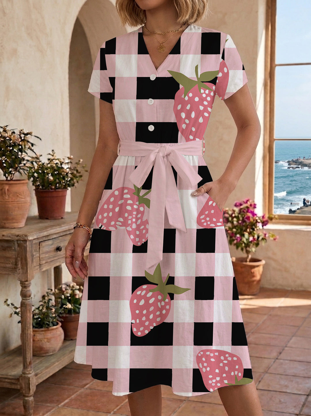 Damen Blühendes Midikleid mit taillierbarem Gürtel und kunstvollem Print EB
