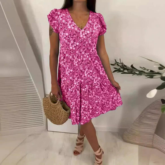 Damen Sommerliches Blütenmuster Kleid mit V-Ausschnitt und Rüschendetails Heidi-Mode