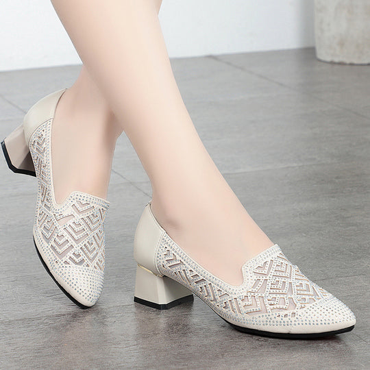 Damen Elegante Slipper mit modischem Perlenmuster und komfortablem Blockabsatz EB
