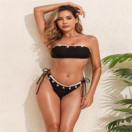 Damen Bandeau-Bikini mit eleganter Spitzenverzierung und verstellbaren Trägern EB