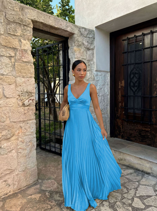 Damen Plisseekleid mit tiefem V-Ausschnitt und eleganter Silhouette EB