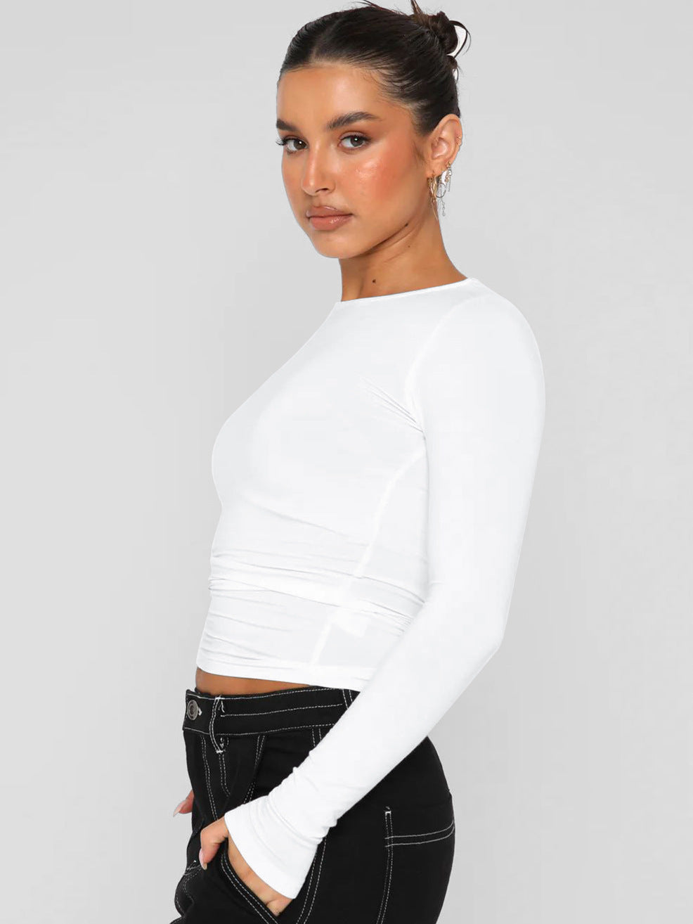 Damen Longsleeve-Oberteil mit figurbetontem Schnitt und Raffung EB