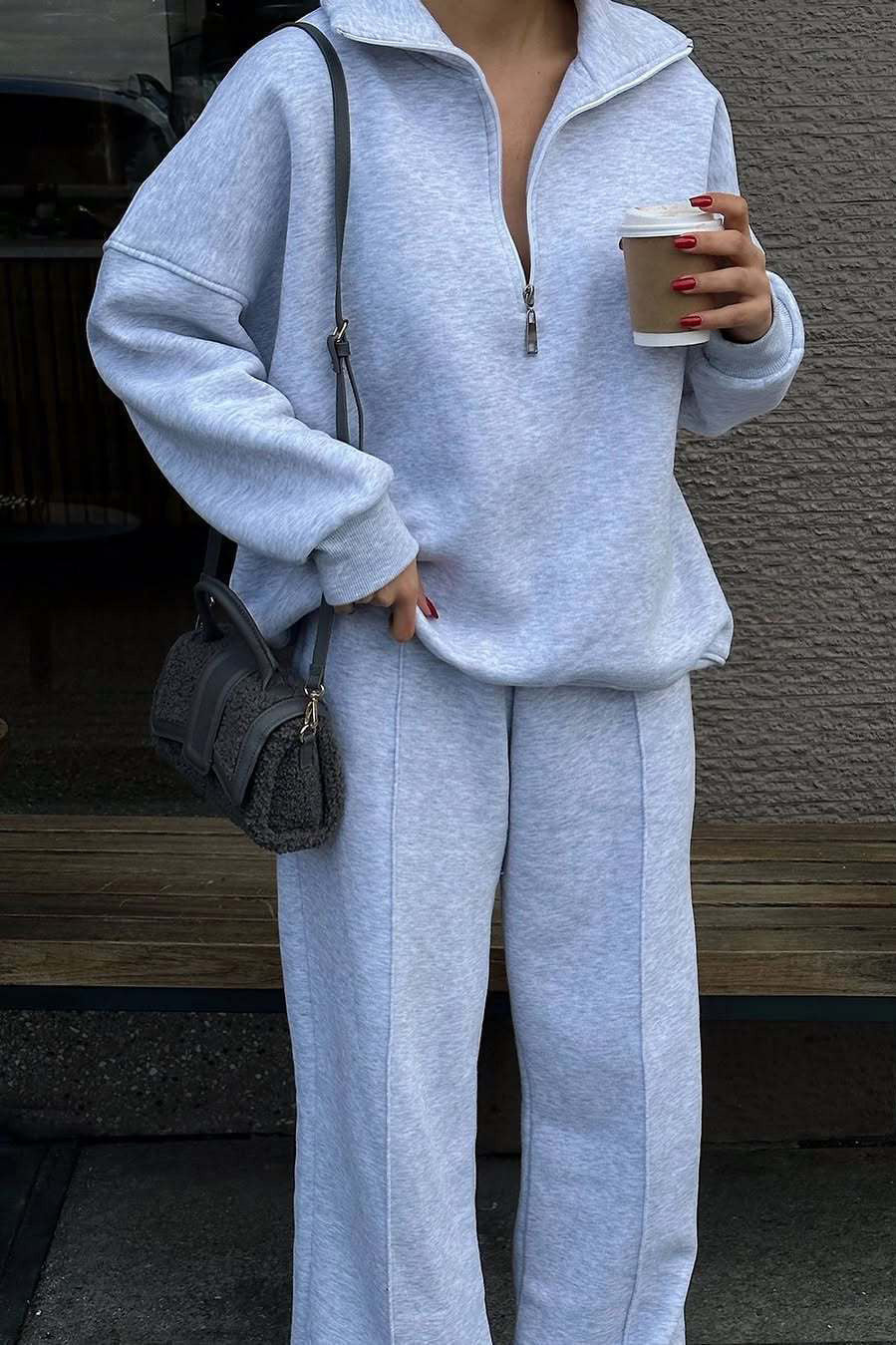 EB | Vibes Halb Offenes Pullover Sweatshirt und Hose Zwei Teiliges Satz