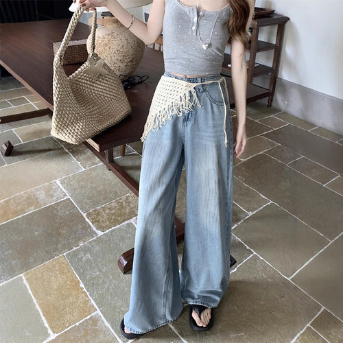 Damen Weite Jeanshose mit fransigem Gürtel EB