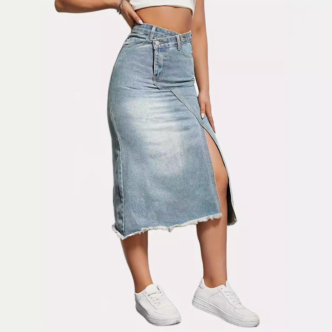 Damen nan asymmetrischer Highwaist-Denim-Midirock mit vorderlichem Schlitz und ausgefranstem Saum EB