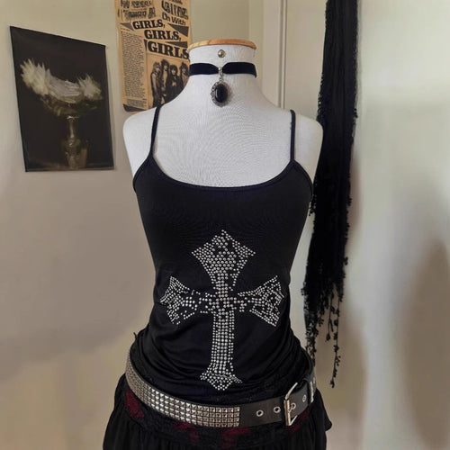 Damen stylisches Tanktop mit Kristallkreuz-Design EB