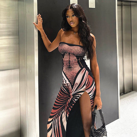 Damen trendiges Wickelkleid mit grafischen Prints und hohen Seitenschlitzen EB