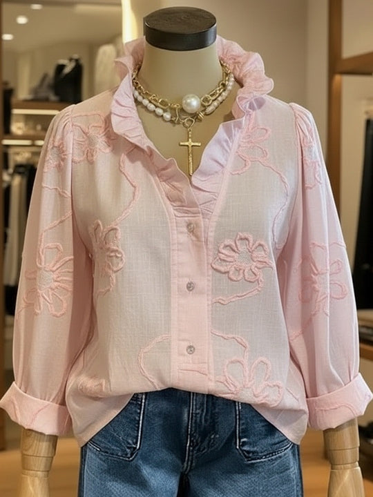 Damen elegante Bluse mit floralen Stickereien und voluminösen Ärmeln EB