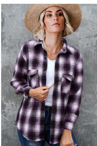 Damen Gestreifte Flanell-Bluse mit zwei Brusttaschen EB