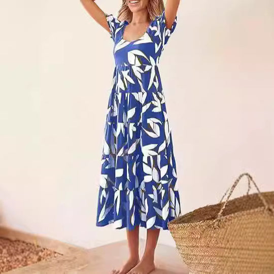 Damen Maxikleid mit Puffärmeln und Rüschendetails EB