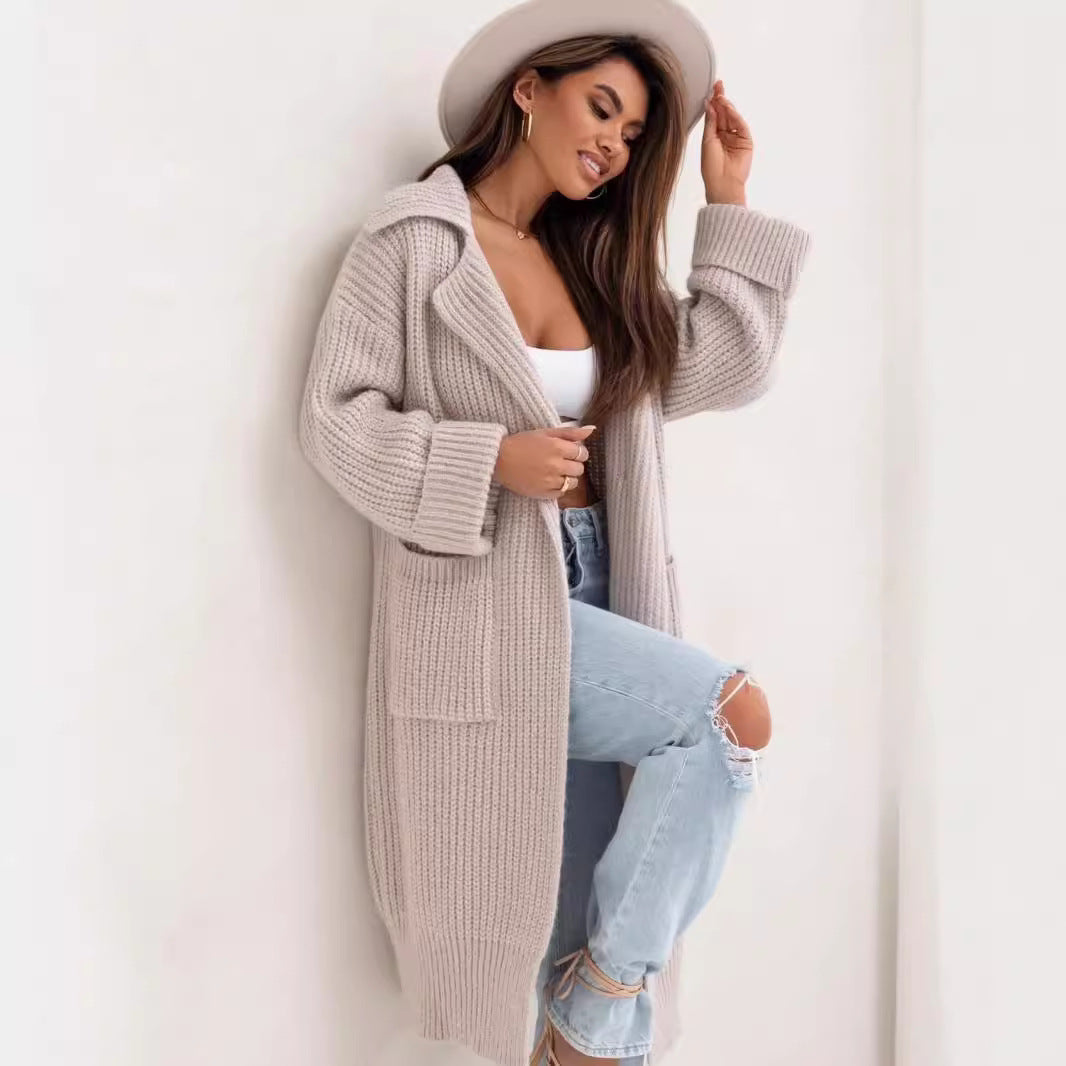 Damen Langer Strickmantel mit Kapuze und praktischen Taschen EB
