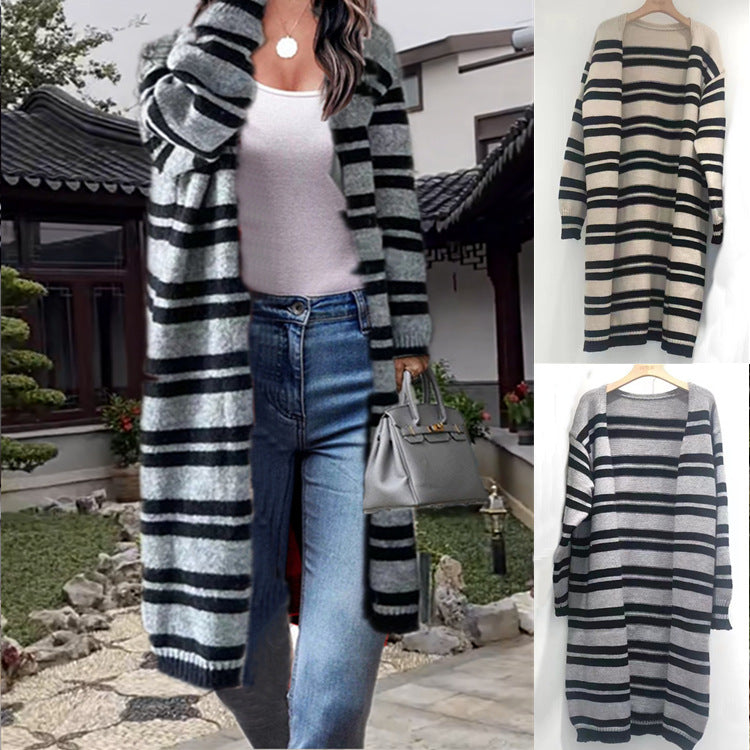 Damen Strickjacke mit modernem Streifenmuster und offenem Schnitt EB