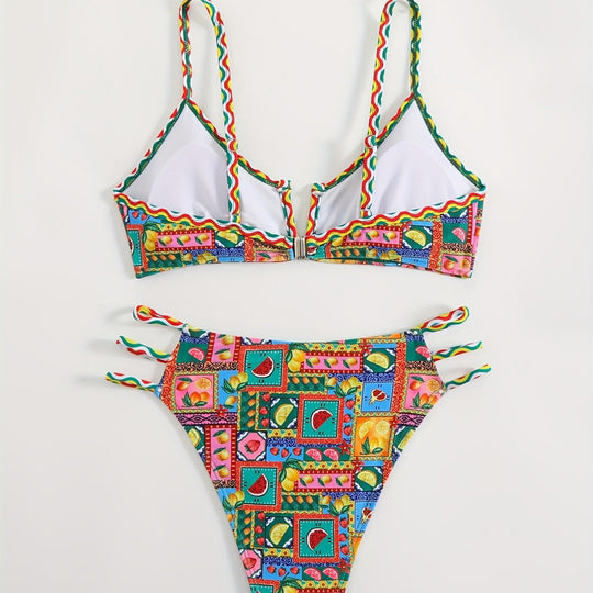Damen Bikini-Set mit buntem Fruchtmuster und raffinierten Trägerdetails EB