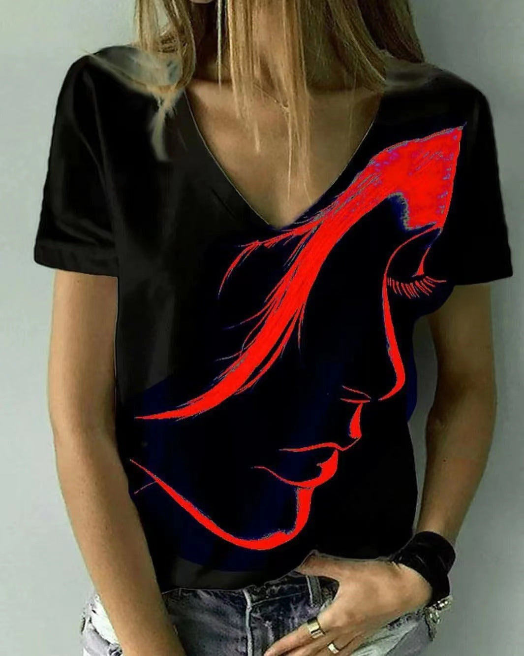Damen V-Ausschnitt T-Shirt mit kreativem Grafikdruck EB