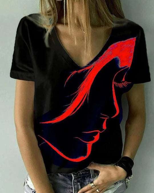 Damen V-Ausschnitt T-Shirt mit kreativem Grafikdruck EB