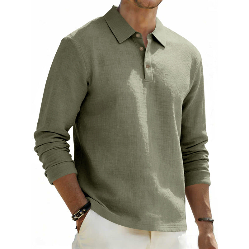 Herren nan Langarm-Poloshirt aus Leinen mit Henley-Knopfleiste und Kentkragen EB