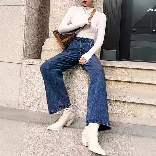 Damen nan hochgeschnittene weite Denim-Hose mit geradem Schlag und klassischem Five-Pocket-Design EB