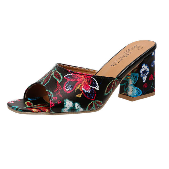 Damen Offene Mules mit floralem Muster und komfortablem Blockabsatz EB
