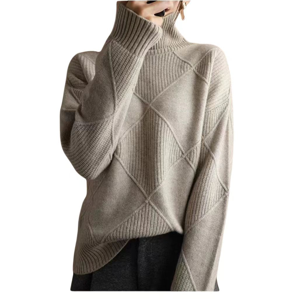 Damen hochwertiger Strickpullover mit stehendem Kragen und extravagantem Rautenmuster EB