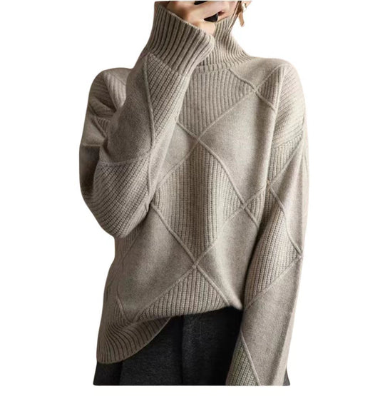 Damen hochwertiger Strickpullover mit stehendem Kragen und extravagantem Rautenmuster EB