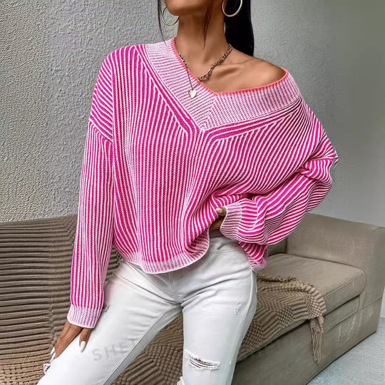Damen lässiger V-Ausschnitt Pullover mit Streifenmuster EB